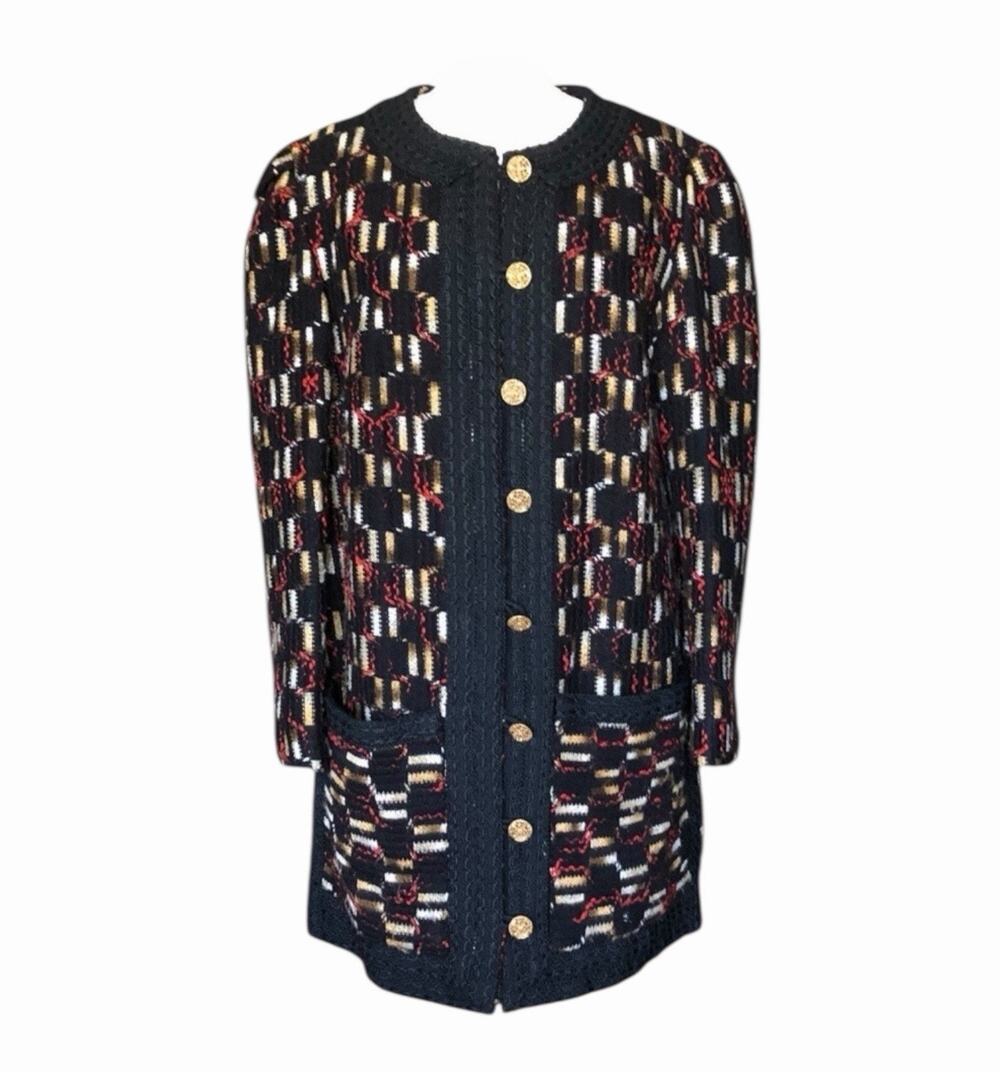 Vintage Tulay Long Knit Cardigan Coat Black Red Gold Button Sweater Jacket